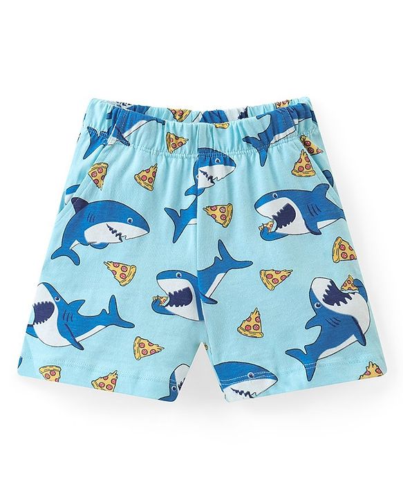 Babyhug Cotton Knit Half Sleeves Night Suit Shark Print - Blue