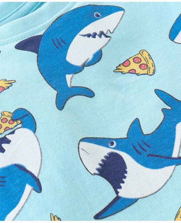 Babyhug Cotton Knit Half Sleeves Night Suit Shark Print - Blue