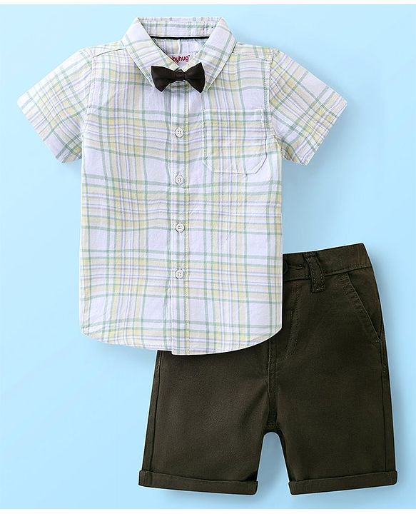 Babyhug Cotton Woven Half Sleeves Checkered Shirt & Shorts Set with Bow  - Green