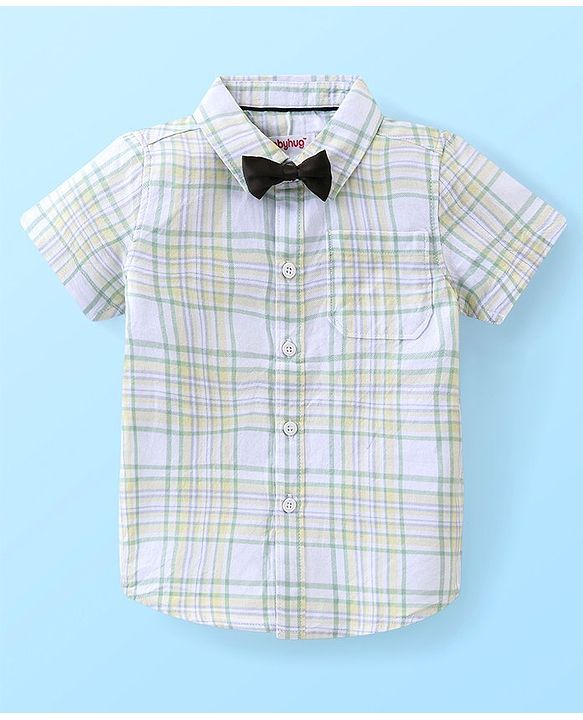Babyhug Cotton Woven Half Sleeves Checkered Shirt & Shorts Set with Bow  - Green