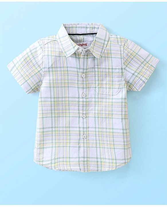Babyhug Cotton Woven Half Sleeves Checkered Shirt & Shorts Set with Bow  - Green