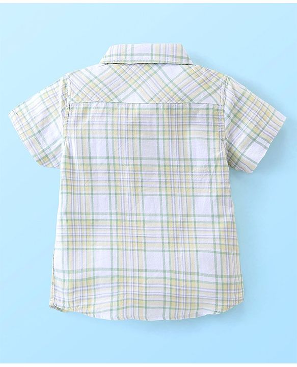 Babyhug Cotton Woven Half Sleeves Checkered Shirt & Shorts Set with Bow  - Green