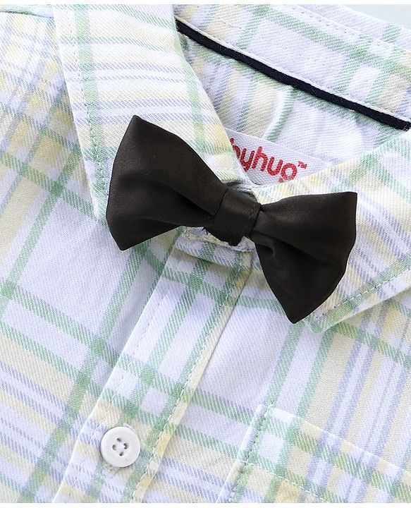 Babyhug Cotton Woven Half Sleeves Checkered Shirt & Shorts Set with Bow  - Green