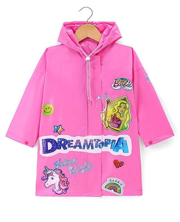 Babyhug Full Sleeves Below Knee Length Hooded Raincoat with Barbie Print - Fuschia