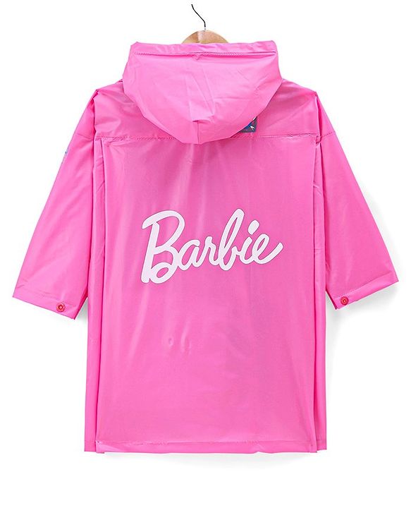 Babyhug Full Sleeves Below Knee Length Hooded Raincoat with Barbie Print - Fuschia