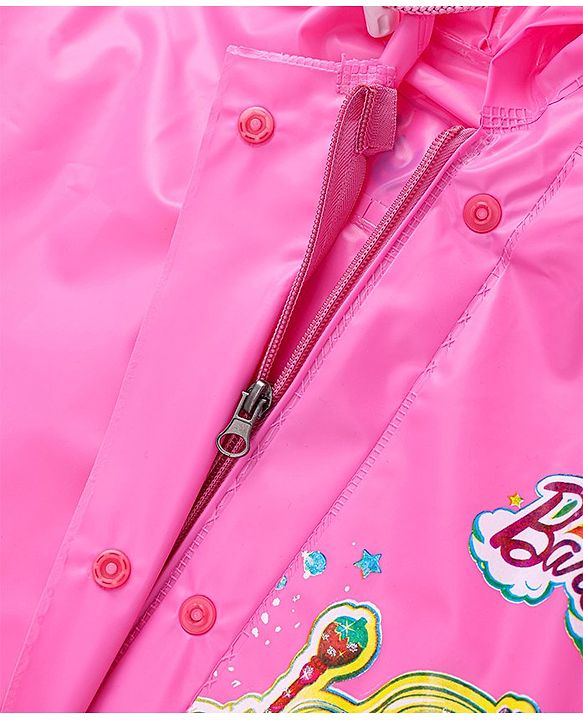Babyhug Full Sleeves Below Knee Length Hooded Raincoat with Barbie Print - Fuschia