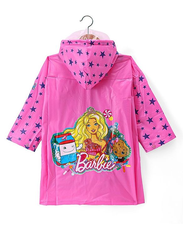 Babyhug Full Sleeves Below Knee Length Raincoat Barbie Print - Pink