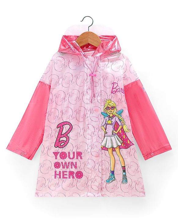 Babyhug Full Sleeves Below Knee Length Raincoat Barbie Print - Pink