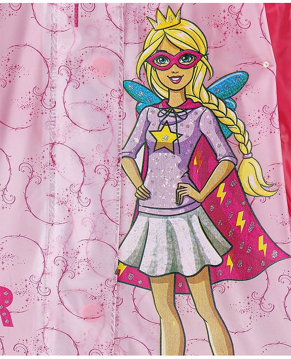 Babyhug Full Sleeves Below Knee Length Raincoat Barbie Print - Pink