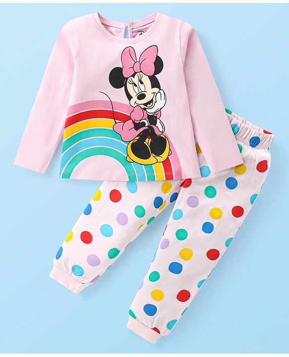Babyhug Disney Single Jersey Knit Full Sleeves Night Suit with Polka Dots &  Minnie Mouse Graphics - Pink