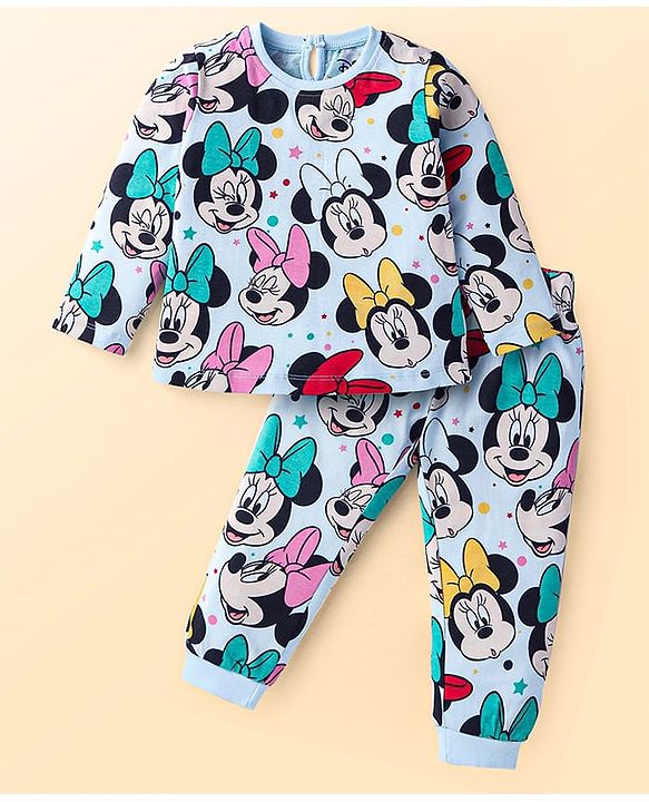Babyhug Disney Single Jersey Knit Full Sleeves Night Suit With Minnie Mouse Print - Blue