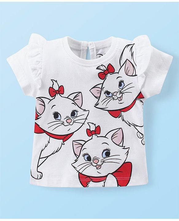 Babyhug Disney Cotton Knit Half Sleeves Top & Mid Length Shorts Set With Frill Detailing & Marie Graphics - White & Red