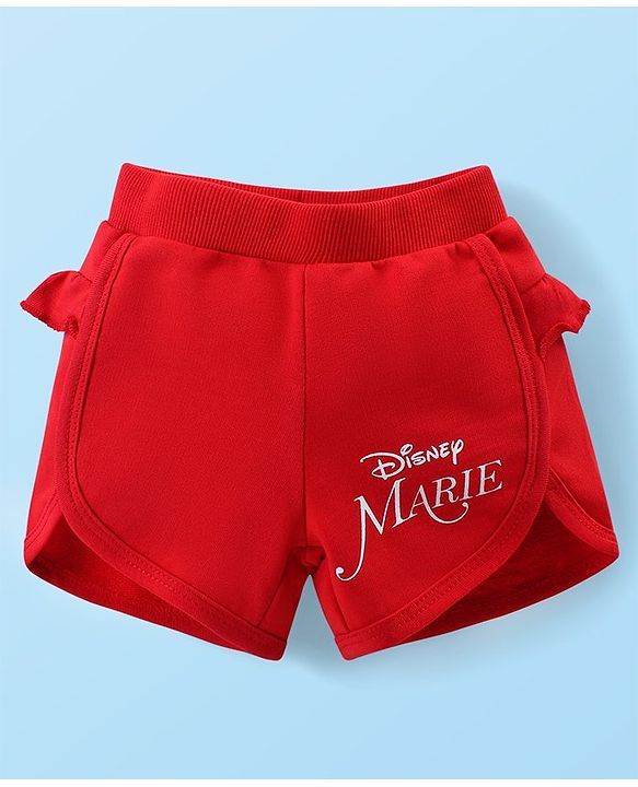 Babyhug Disney Cotton Knit Half Sleeves Top & Mid Length Shorts Set With Frill Detailing & Marie Graphics - White & Red
