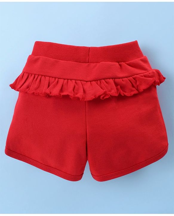Babyhug Disney Cotton Knit Half Sleeves Top & Mid Length Shorts Set With Frill Detailing & Marie Graphics - White & Red
