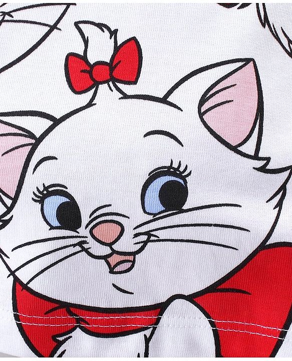 Babyhug Disney Cotton Knit Half Sleeves Top & Mid Length Shorts Set With Frill Detailing & Marie Graphics - White & Red