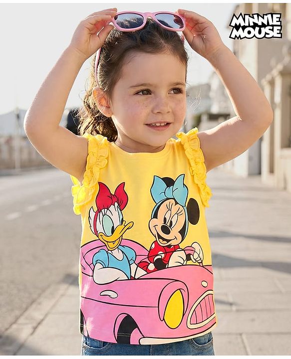 Babyhug Disney Cotton Frill Sleeves Top With Frills Detailing Minnie Mouse & Donald Duck Graphics - Yellow