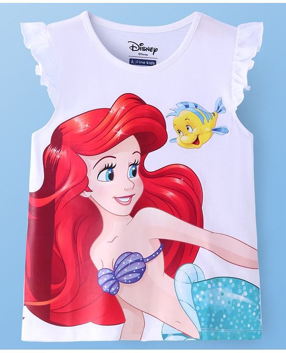 Pine Kids Disney Cotton Knit Frill Sleeves Top with Disney Princess Print - White