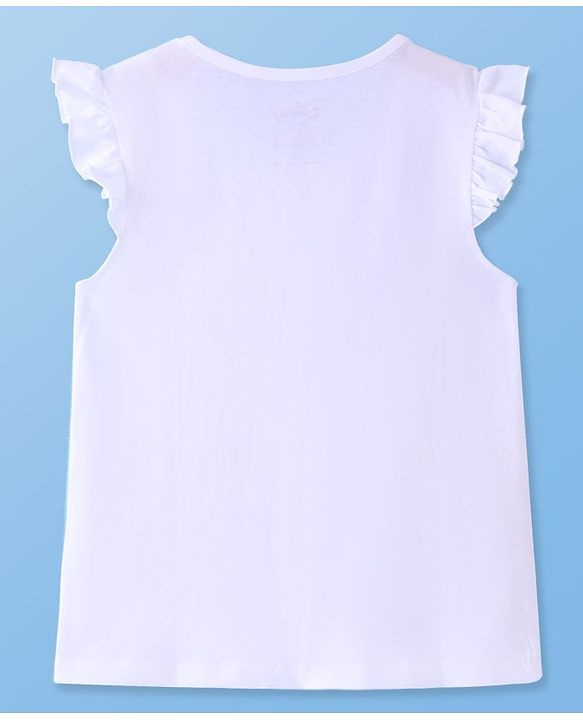 Pine Kids Disney Cotton Knit Frill Sleeves Top with Disney Princess Print - White