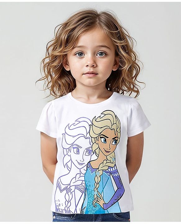 Babyhug Disney  100% Cotton Knit Half Sleeves Top with Princess Graphics - White