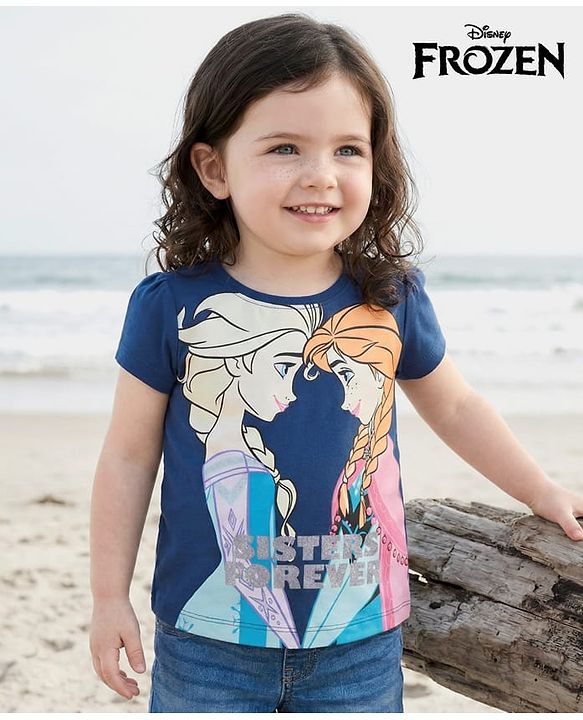 Babyhug Disney Cotton Knit Half Sleeves T-Shirt with Disney Frozen Graphics - Navy
