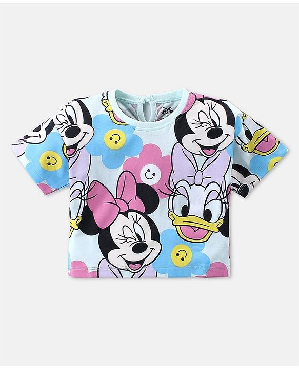 Babyhug Disney Cotton Knit Half Drop Shoulder Sleeves T-Shirt with Minnie Mouse Print - Mint
