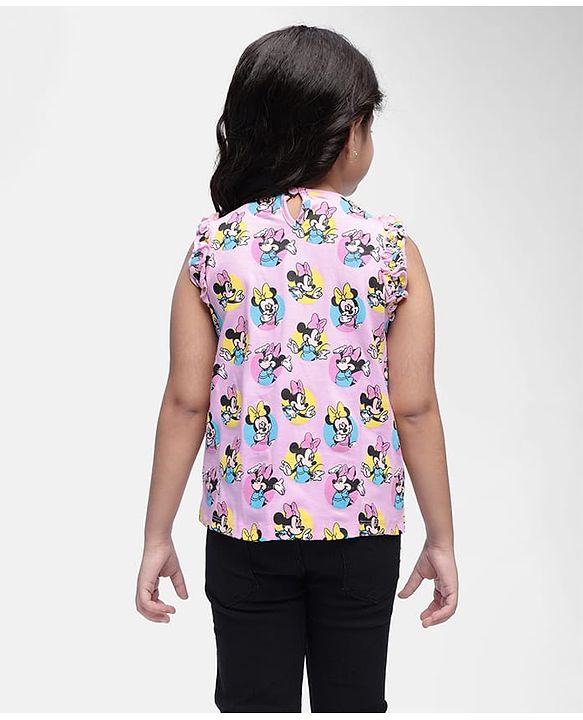 Babyhug Disney Cotton Knit  Sleeveless Top with Frill Detailing & Minnie Mouse Print - Pink