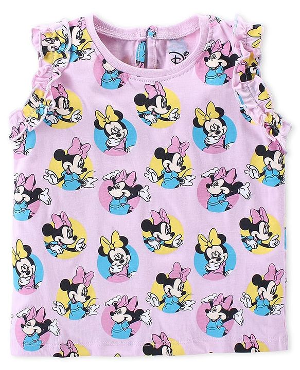 Babyhug Disney Cotton Knit  Sleeveless Top with Frill Detailing & Minnie Mouse Print - Pink