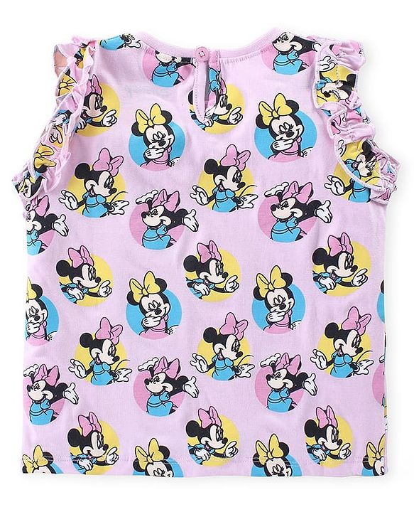 Babyhug Disney Cotton Knit  Sleeveless Top with Frill Detailing & Minnie Mouse Print - Pink