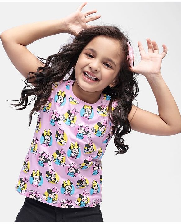 Babyhug Disney Cotton Knit  Sleeveless Top with Frill Detailing & Minnie Mouse Print - Pink