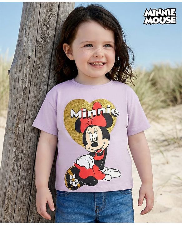 Babyhug Disney Cotton Half Sleeves T-Shirt With Minnie Mouse Graphics and Glitter Print - Purple
