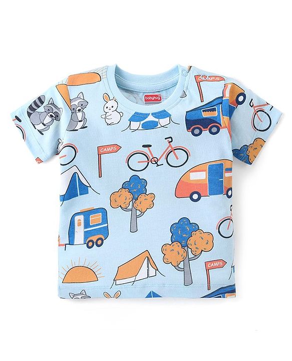 Babyhug Cotton Knit Half Sleeves Night Suit With Camping Print  - Blue