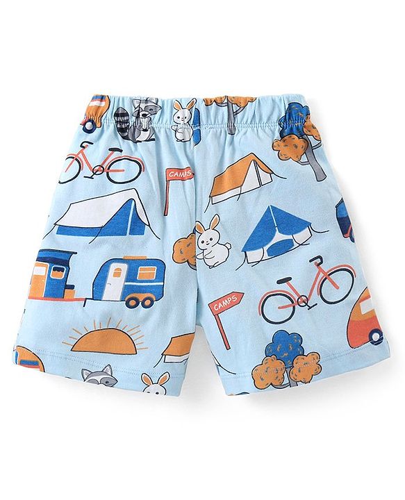 Babyhug Cotton Knit Half Sleeves Night Suit With Camping Print  - Blue