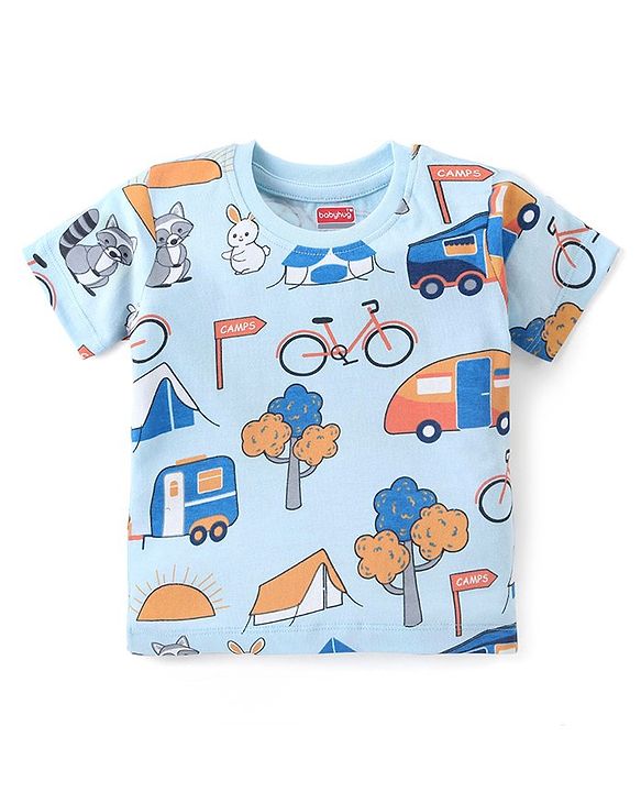 Babyhug Cotton Knit Half Sleeves Night Suit With Camping Print  - Blue