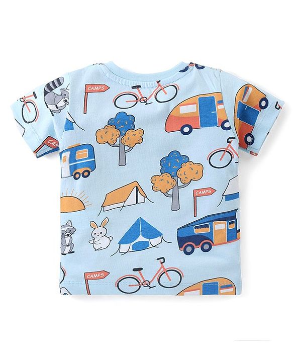Babyhug Cotton Knit Half Sleeves Night Suit With Camping Print  - Blue