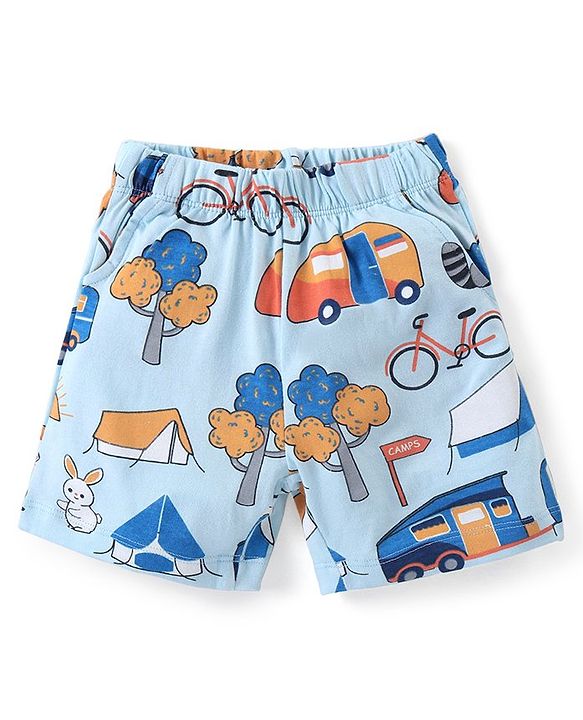 Babyhug Cotton Knit Half Sleeves Night Suit With Camping Print  - Blue