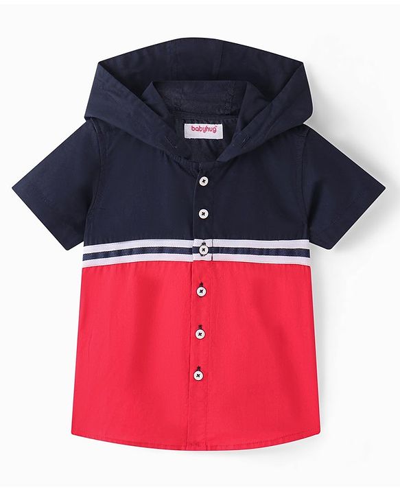 Babyhug Cotton Half Sleeves Solid Hooded Shirt - Red & Blue