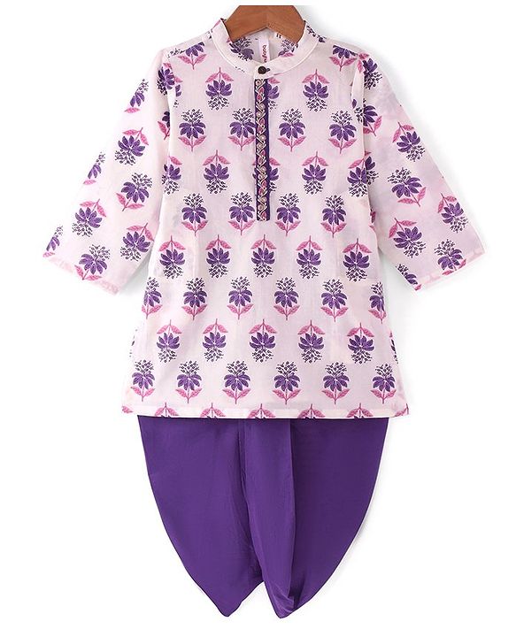 Babyhug Cambric Woven Full Sleeves Kurta Dhoti Set with Floral Print & Embroidery - Purple