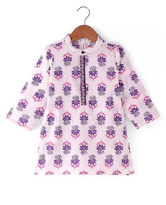 Babyhug Cambric Woven Full Sleeves Kurta Dhoti Set with Floral Print & Embroidery - Purple