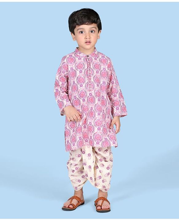 Babyhug Cambric Full Sleeves Kurta Dhoti Set With Embroidery Floral Print - Purple