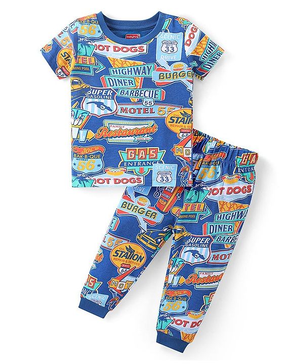 Babyhug Single Jersey Knit Half Sleeves Night Suit Text Print - Navy