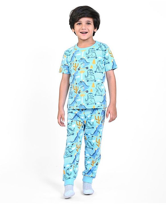Babyhug Cotton Half Sleeves Night Suit With Dinosaur Print - Blue