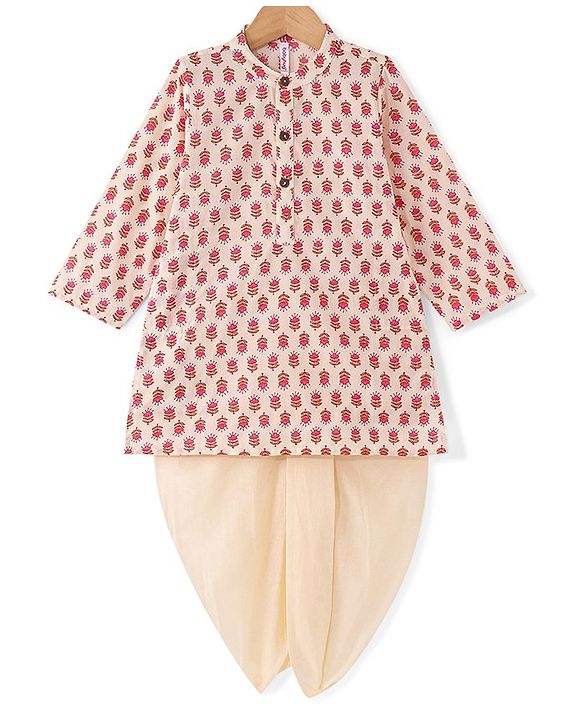 Babyhug Cambric Woven Full Sleeves Floral Printed Kurta & Dhoti Set - Cream