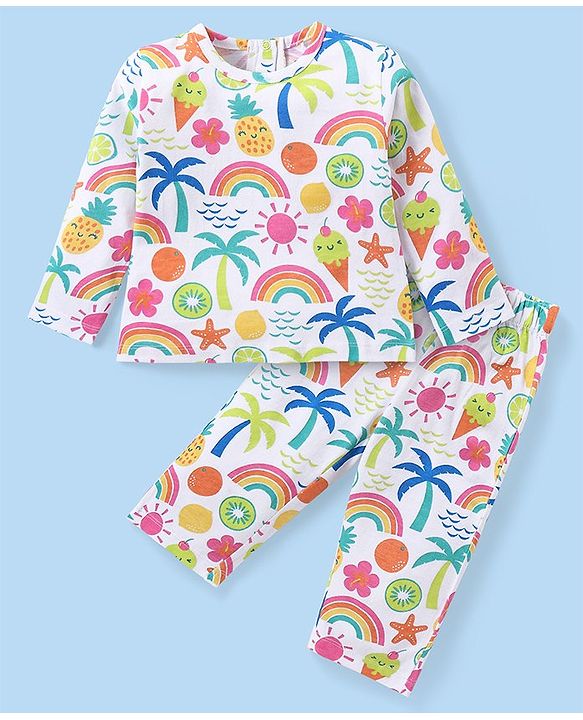 Babyhug Cotton Knit Full Sleeves Night Suit With Tropical Print - White