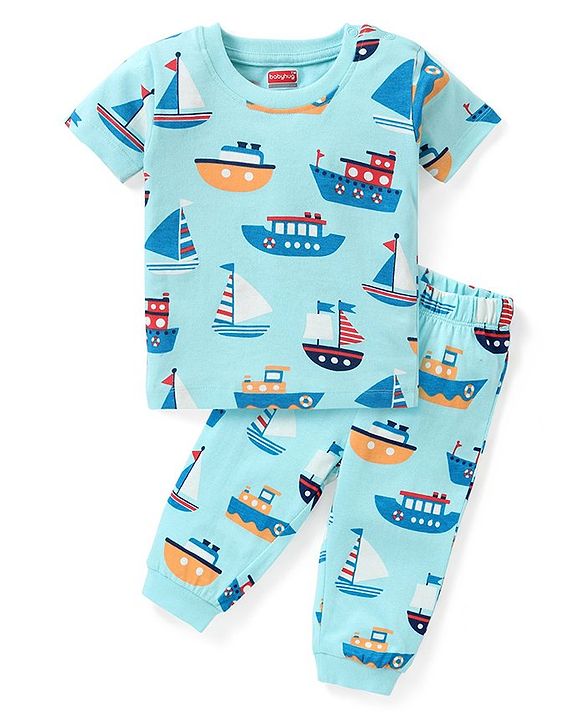 Babyhug Single Jersey Half Sleeves Night Suit Boat Print - Blue