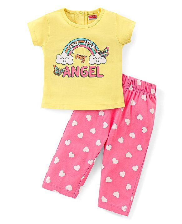 Babyhug Single Jersey Knit Half Sleeves Night Suit with Rainbow & Hearts Print - Yellow & Pink