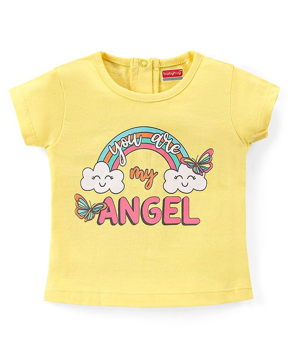 Babyhug Single Jersey Knit Half Sleeves Night Suit with Rainbow & Hearts Print - Yellow & Pink