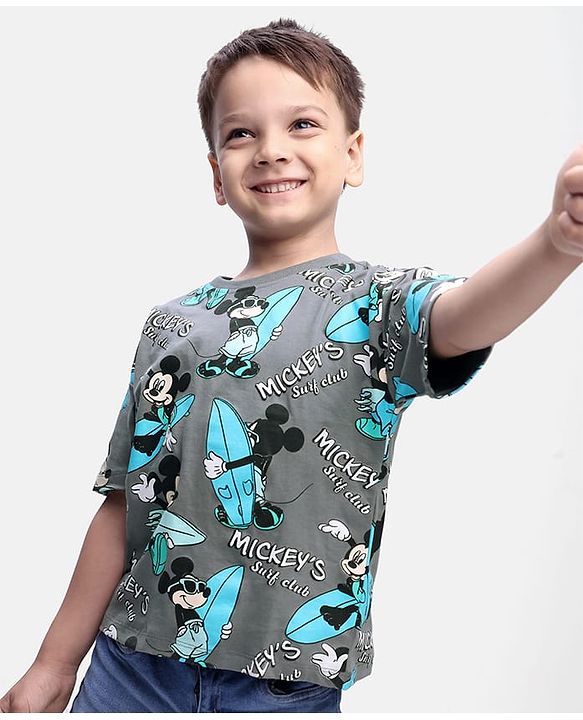 Babyhug Disney Half Sleeves Drop Shoulder Oversized T-Shirt with Mickey Mouse Print - Grey