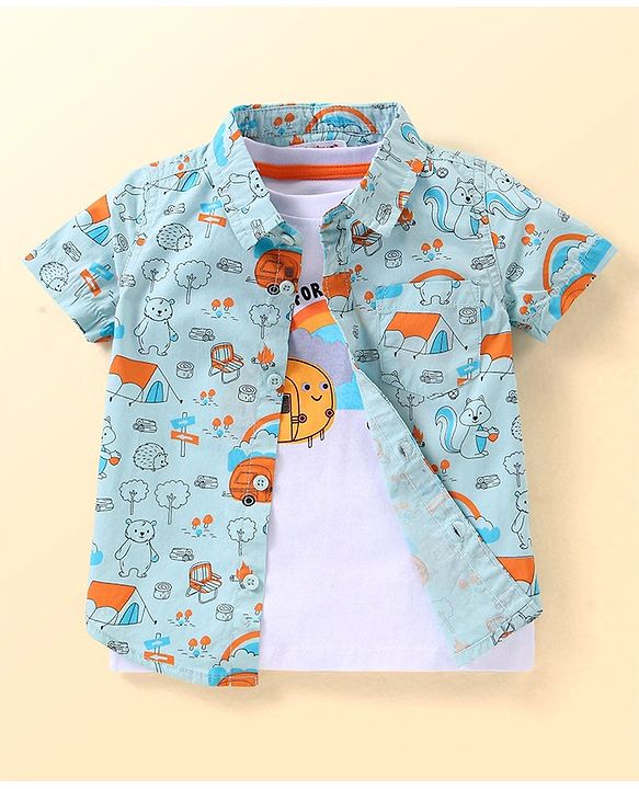 Babyhug Cotton Woven Printed Half Sleeves  Shirt With T-Shirt - Multicolour