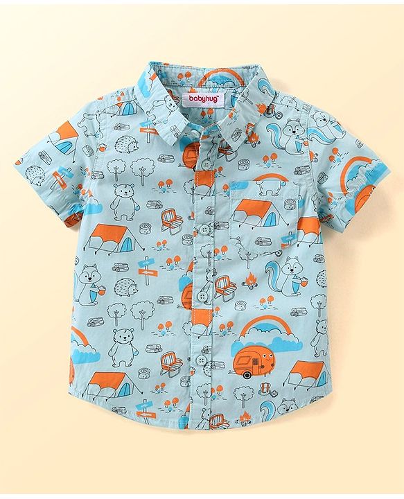 Babyhug Cotton Woven Printed Half Sleeves  Shirt With T-Shirt - Multicolour