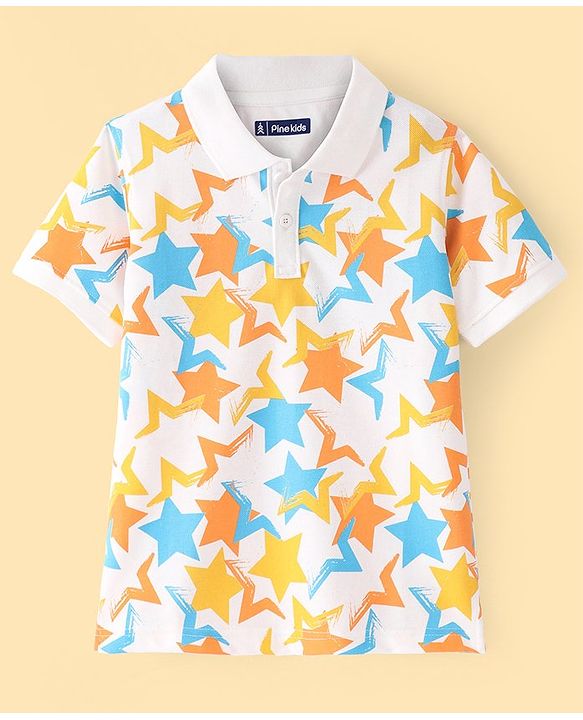 Pine Kids Cotton Half Sleeves Polo T-Shirt Stars Print - Snow White